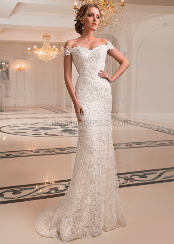 Off Shoulder Ivory Lace Tulle Sheer Back Sexy Wedding Dress Off Shoulder Ivory Lace Tulle Sheer Back Sexy Wedding Dress